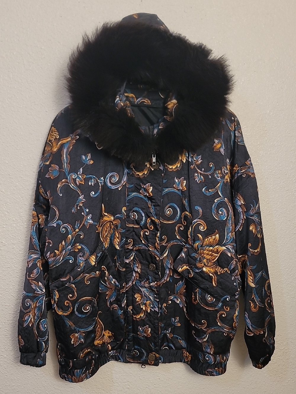 London Fog Black Quilted Puffer Jacket with Gold & Blue Floral Print
